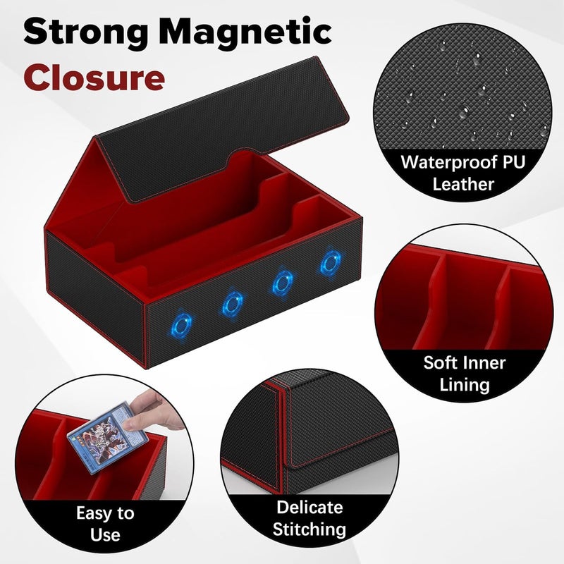 Gomyrod Card Deck Case for 1800+ Sleeved Cards, Trading Card Storage Box with 15 Dividers & 3 Stoppers, Magnetic Closure Commander Deck Box Fit for TCG/MTG/Baseball/Sport Cards, Black & Red - Image 4